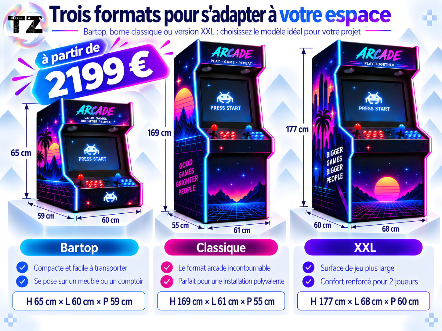 Comparatif des trois formats de bornes d'arcade Torzio : Bartop, Classique et XXL